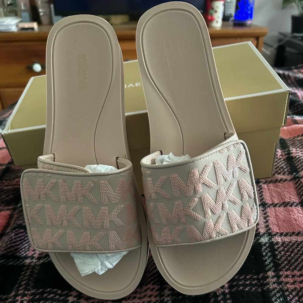 Michael Kors pink Slide Sandals with MK Logo